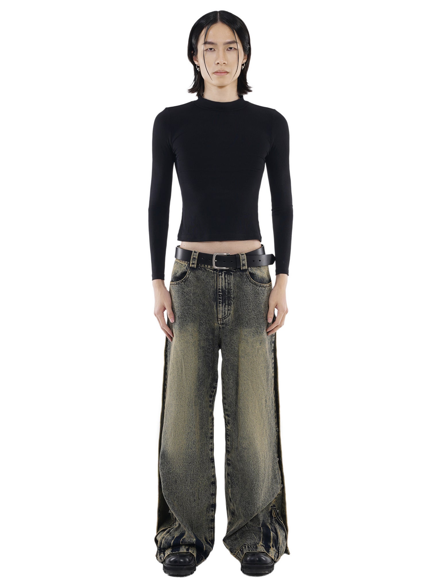 Wide leg dirty wash double jeans