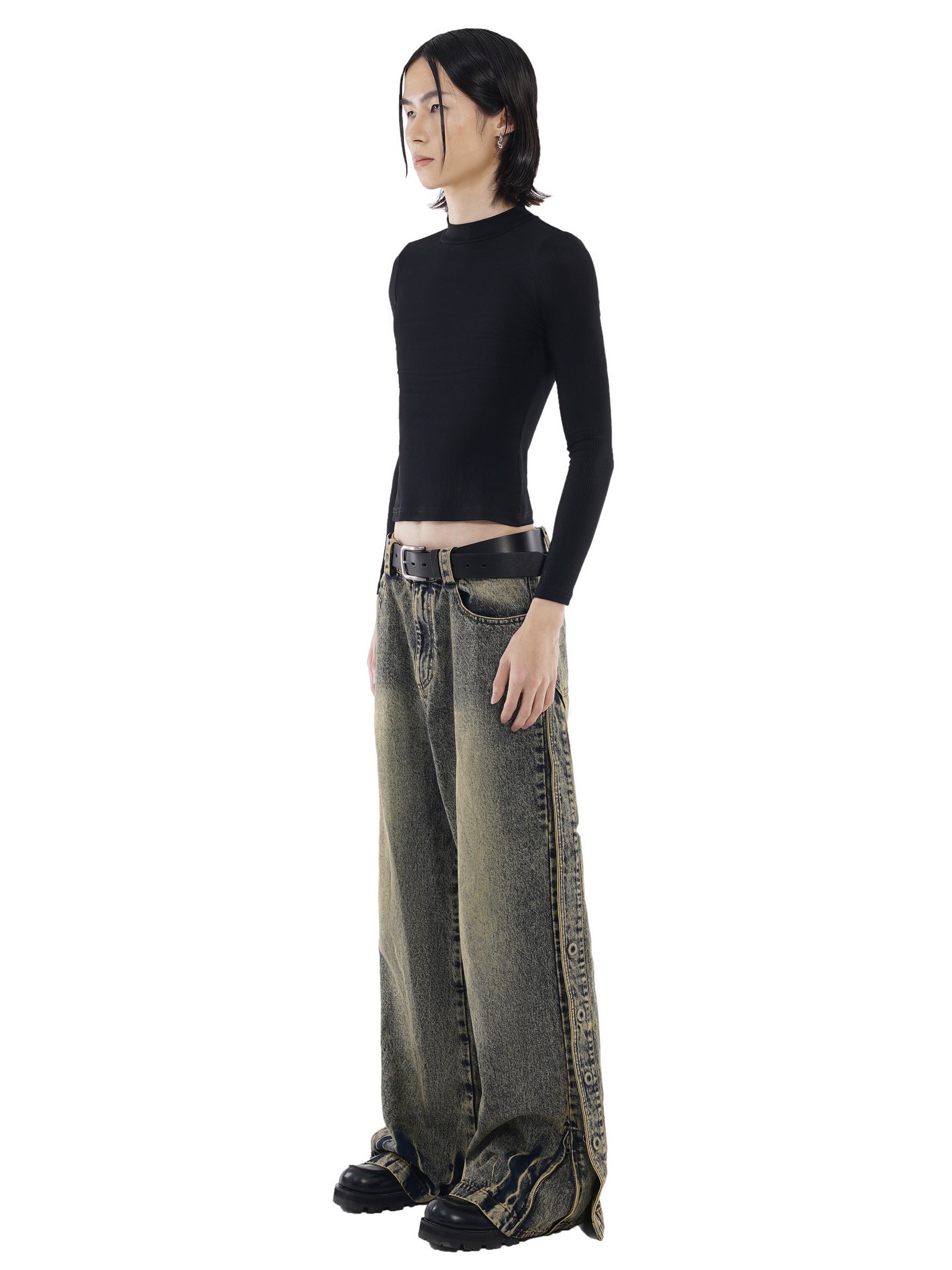 Wide leg dirty wash double jeans