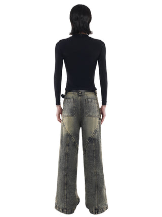 Wide leg dirty wash double jeans