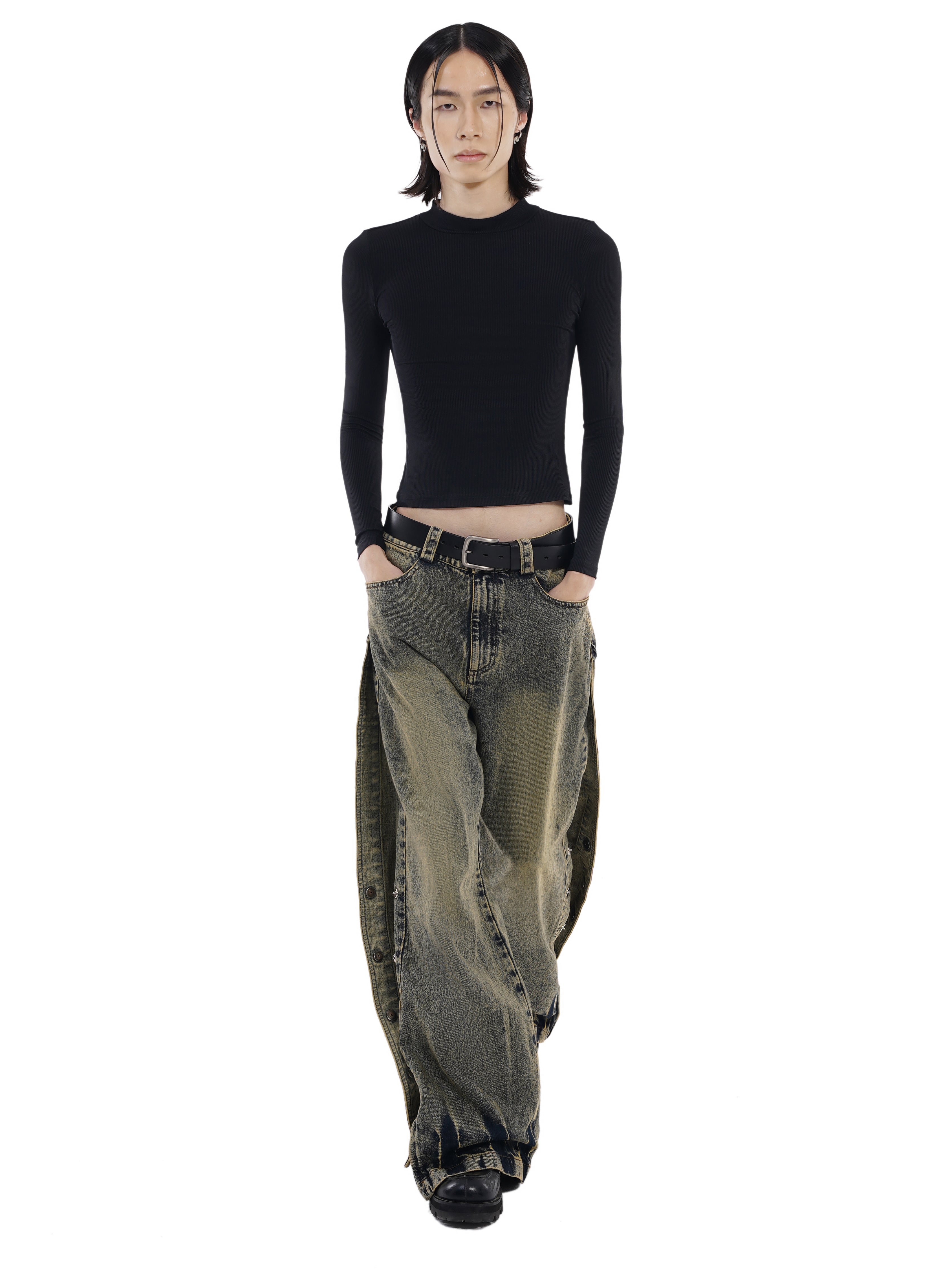 Wide leg dirty wash double jeans – veerkracht