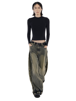 Wide leg dirty wash double jeans