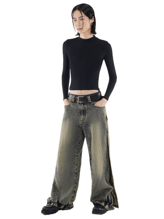 Wide leg dirty wash double jeans